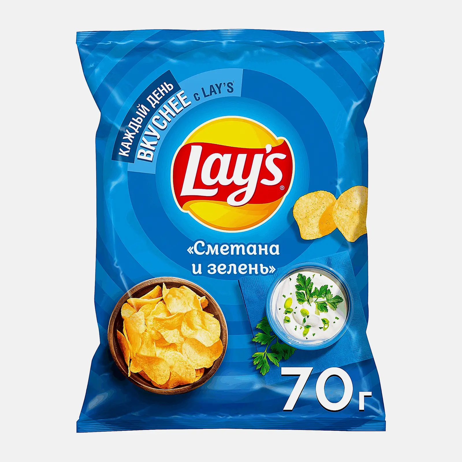 Изображение товара Чипсы Lays сметана и зелень 70г хрустящая закуска свежий вкус