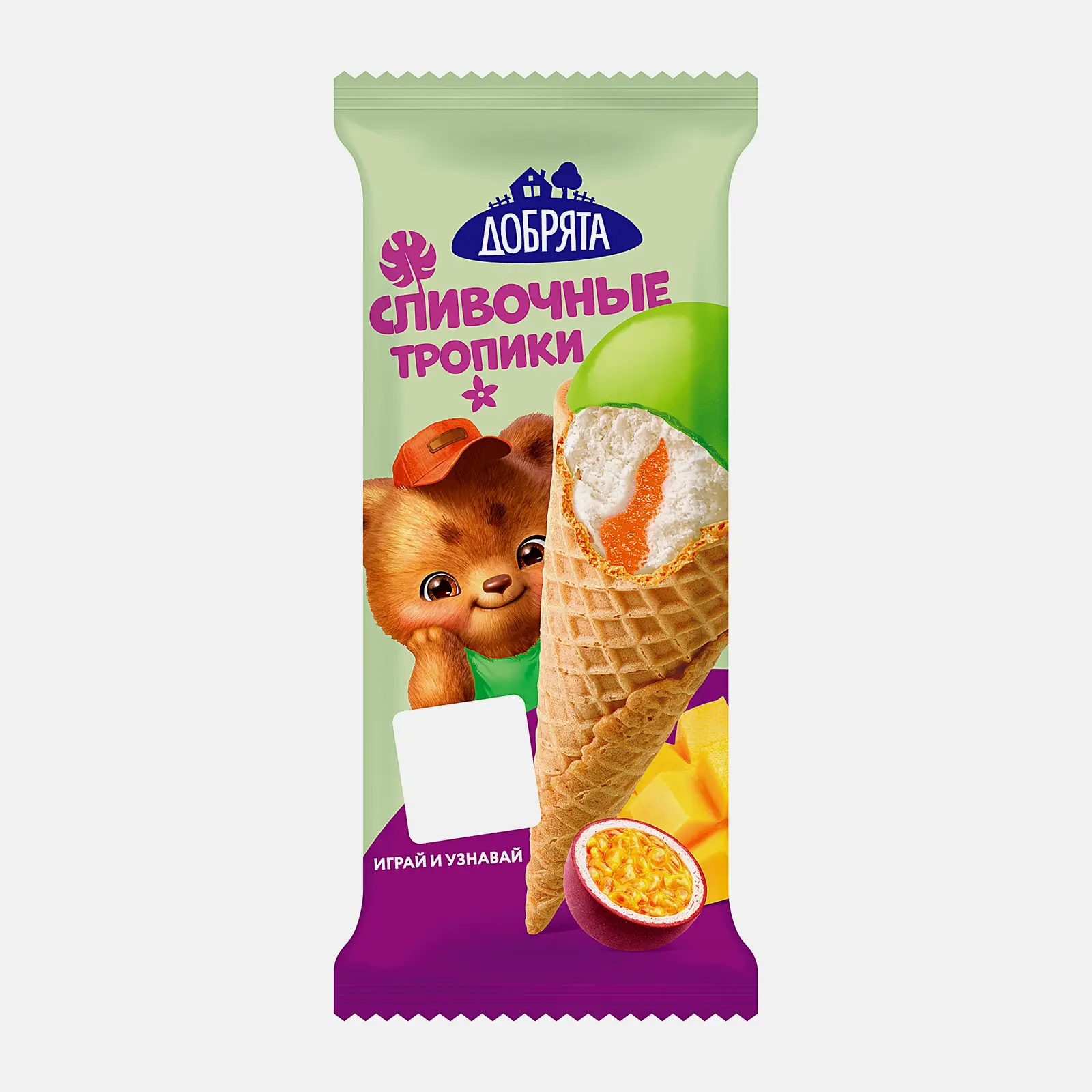 Изображение товара Мороженое Добрята рожок пломбир ваниль и манго 65г натуральное качество