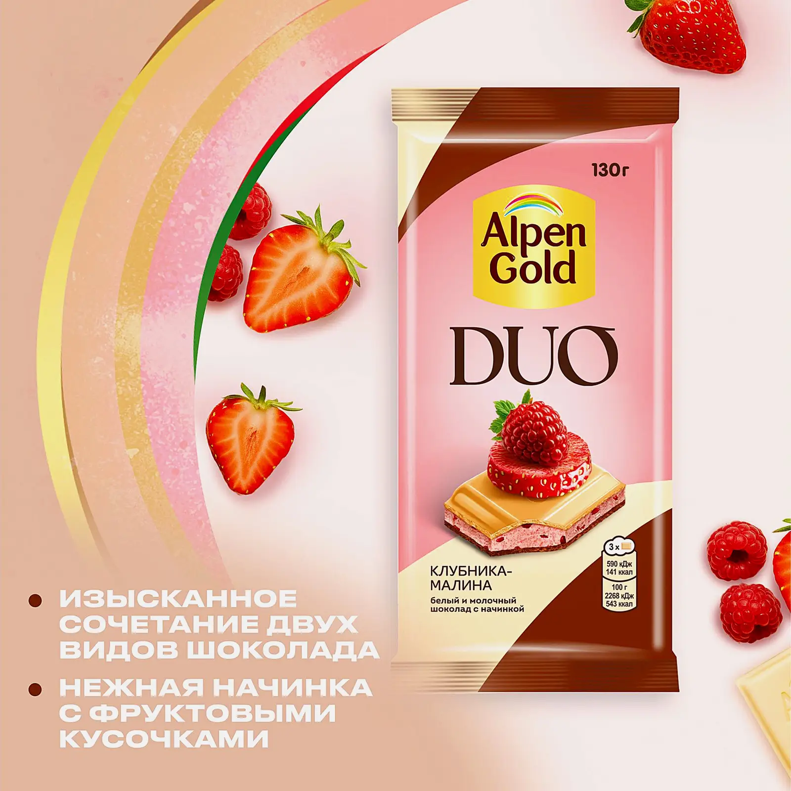 Белый и молочный шоколад с начинкой Клубника-малина Alpen Gold Duo 130г - фото 5