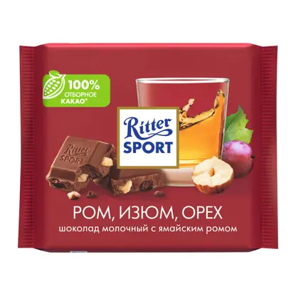 Изображение товара Шоколад Молочный с ромом изюмом и орехами Ritter Sport 100г
