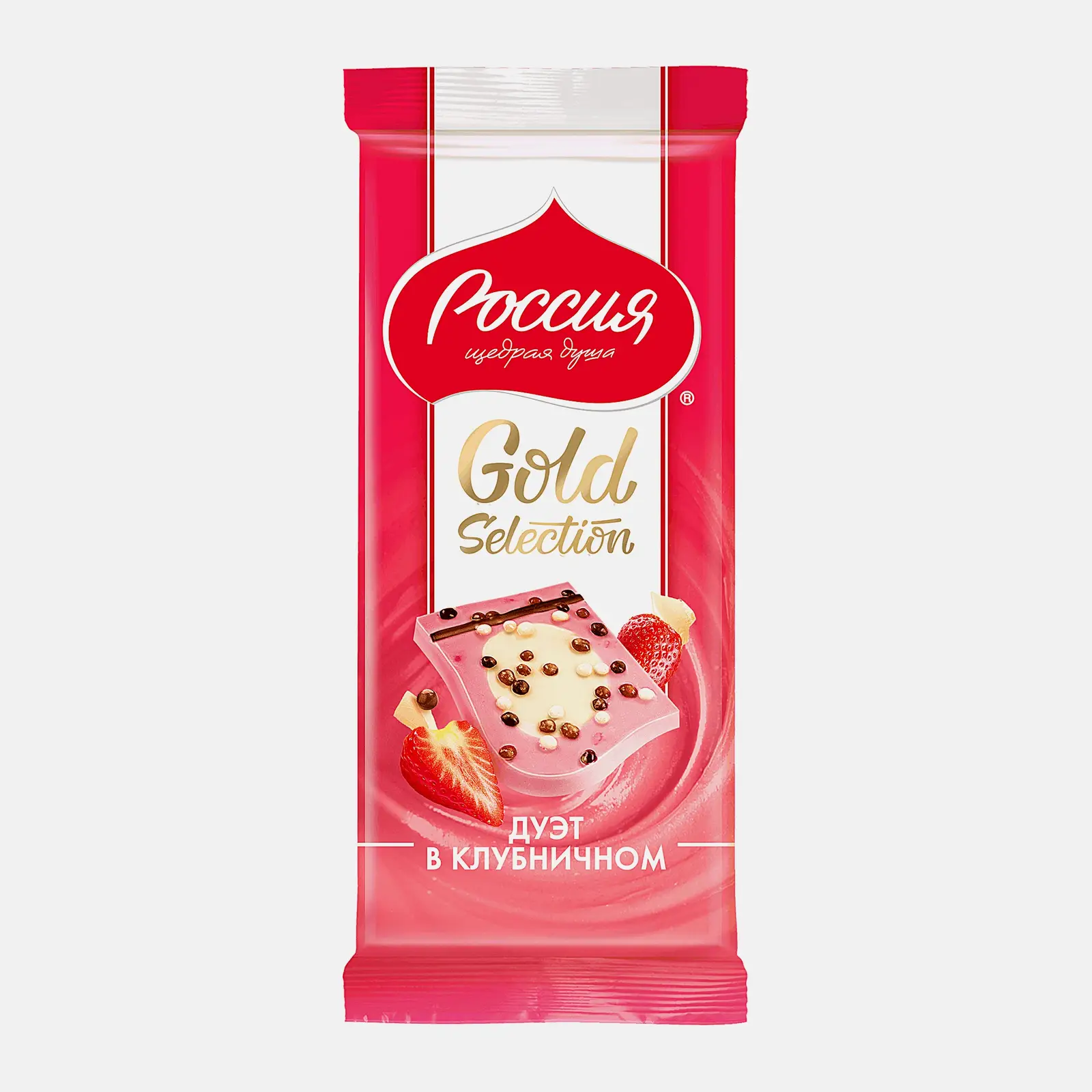 Изображение товара Белый шоколад с клубникой и рисовыми шариками Gold Selection Дуэт 85 г Россия