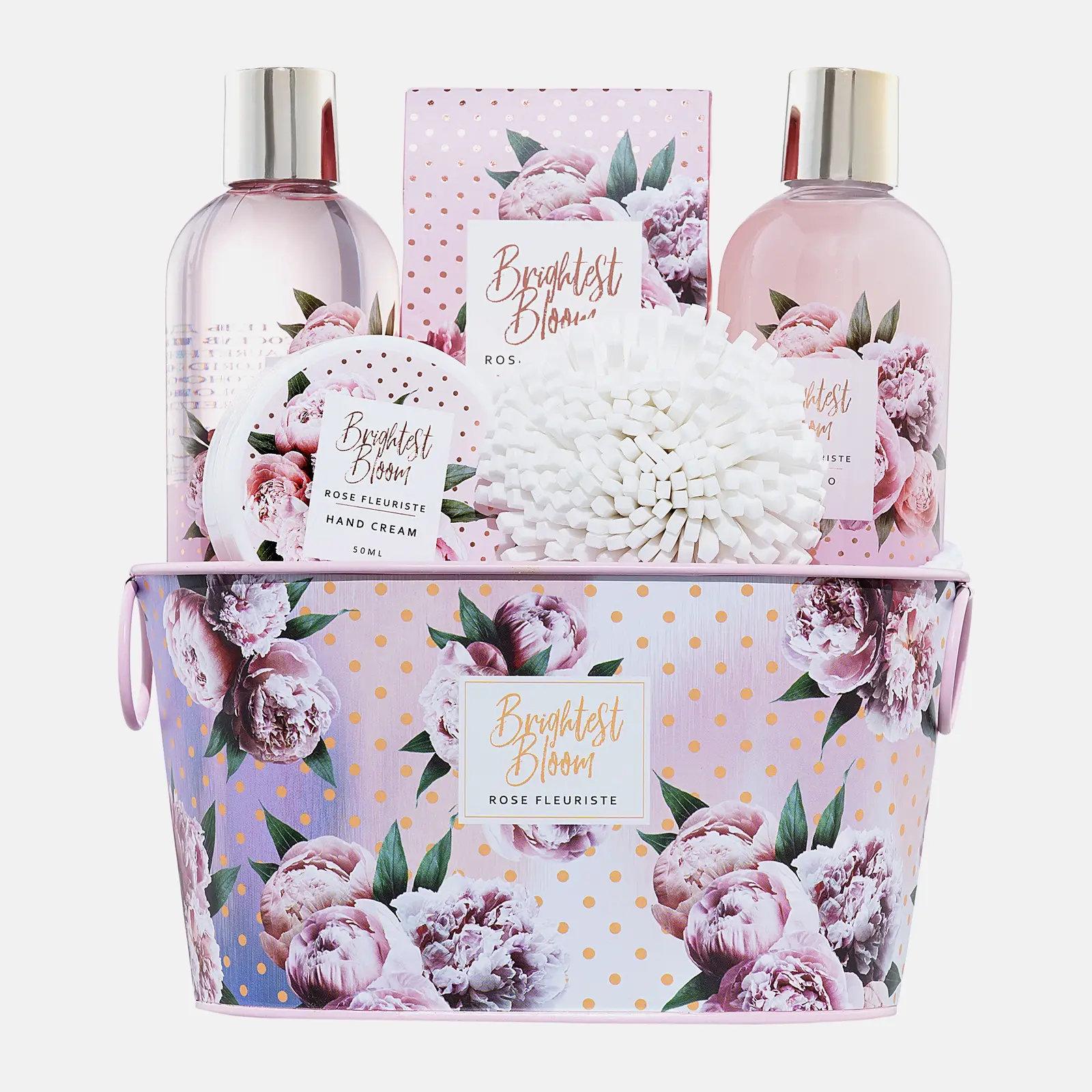 Подарочный набор Шампунь для волос 200мл + Гель для душа 200мл + Крем для рук 50мл + Соль для ванн 100г + Мочалка Rose Fleuriste в ассортименте