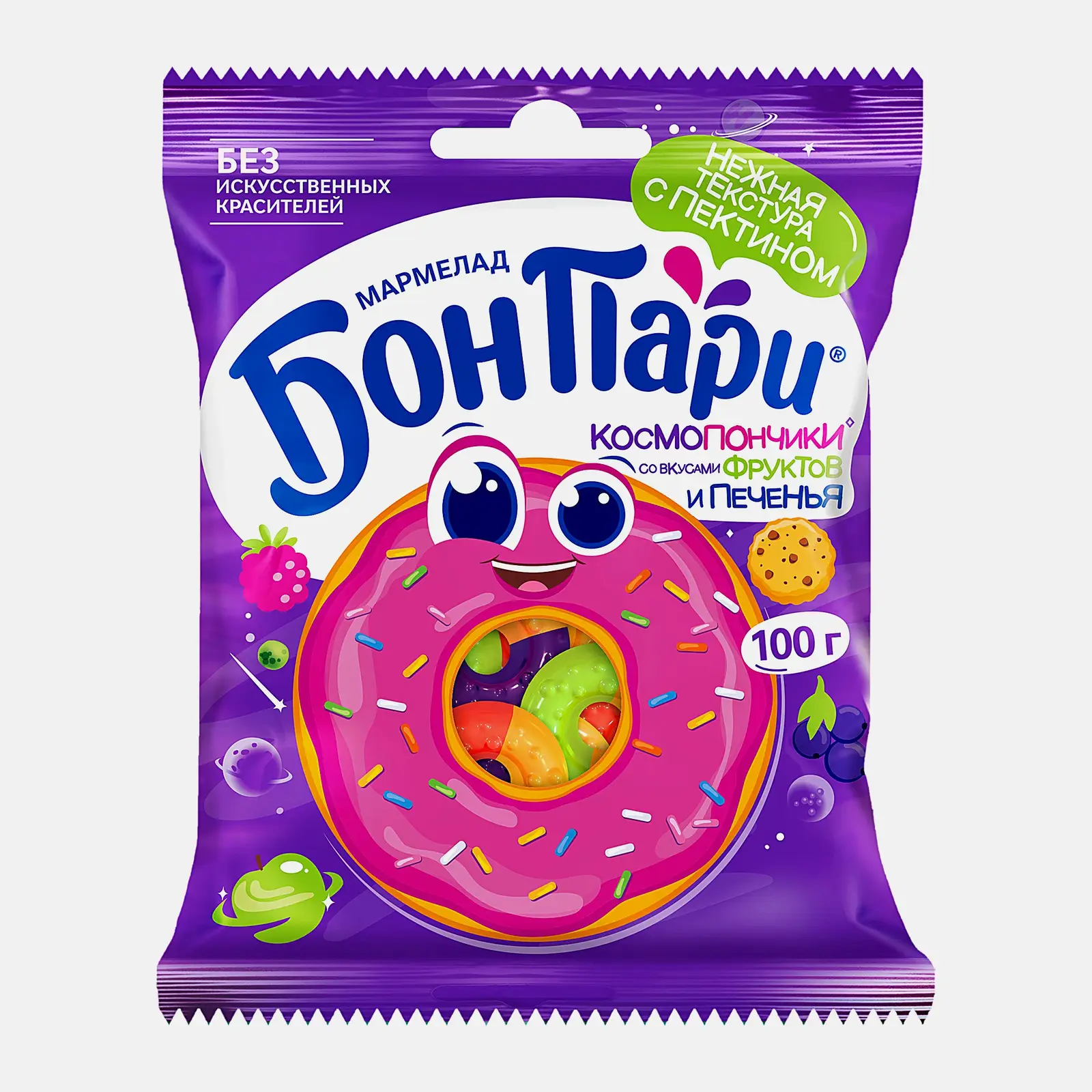 Изображение товара Мармелад Бон Пари Космопончики жевательный фрукты и печенье 100г