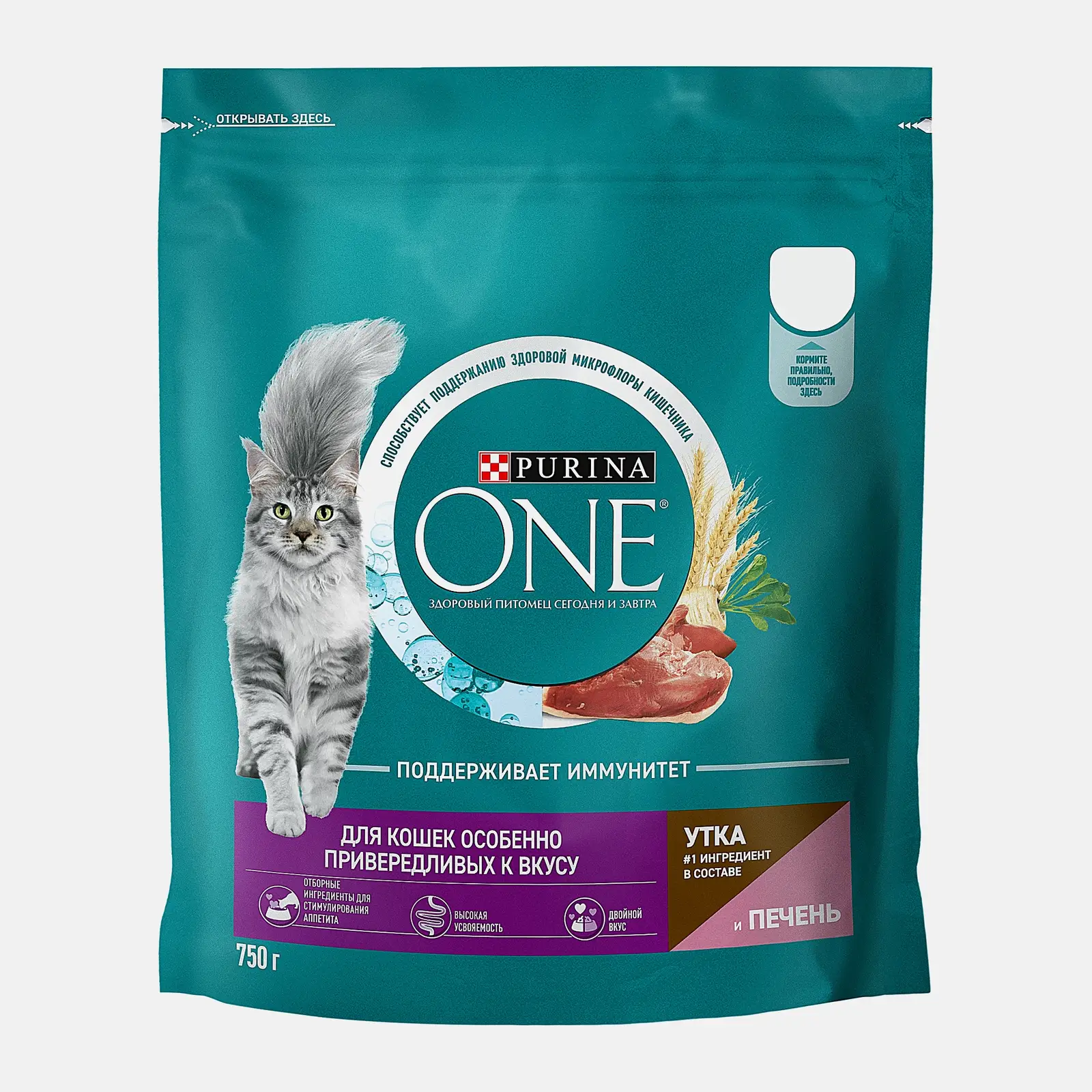 Сухой корм для кошек с уткой и печенью Purina ONE 750г