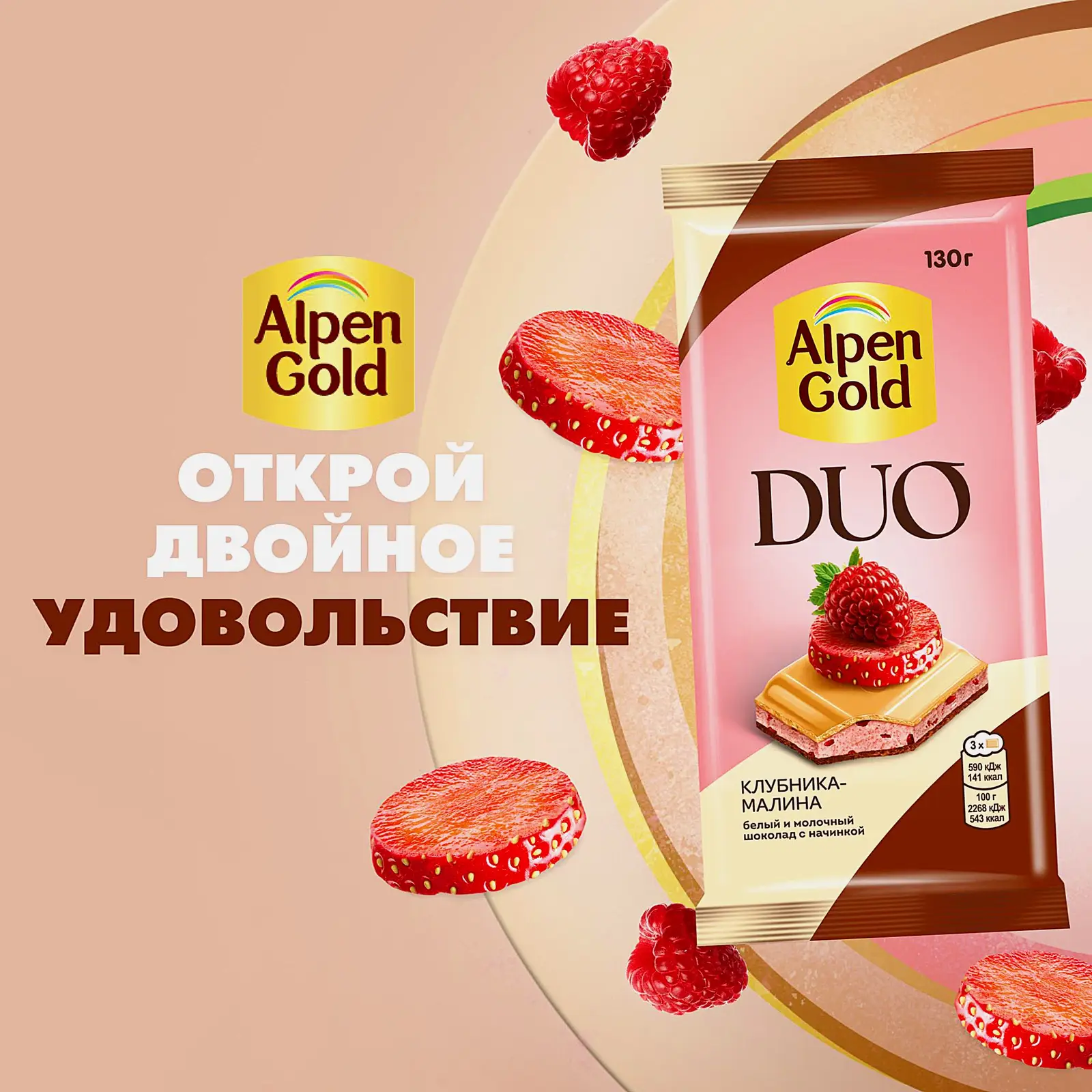 Белый и молочный шоколад с начинкой Клубника-малина Alpen Gold Duo 130г - фото 4