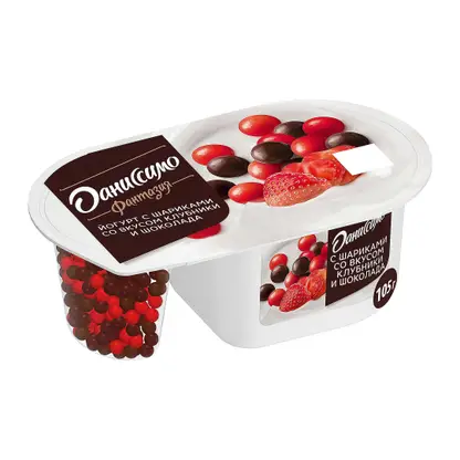 Изображение товара Йогурт Danissimo с хрустящими рисовыми шариками со вкусом клубника и шоколад 6.9% 105г