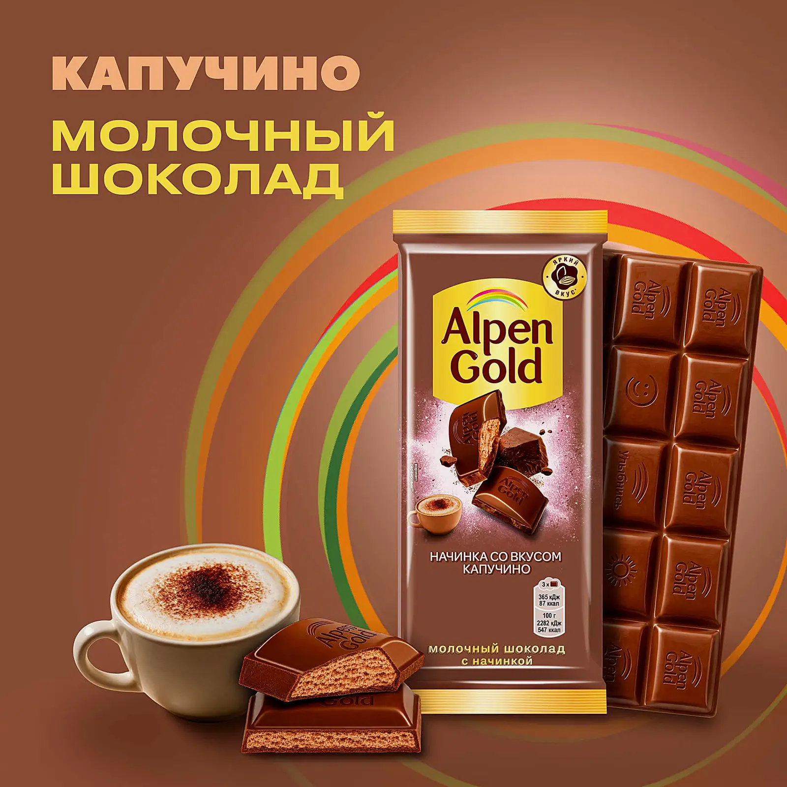 Шоколад Alpen Gold молочный с начинкой со вкусом капучино 80г - фото 2 Шоколад Alpen Gold молочный с начинкой со вкусом капучино 80г - фото 2
