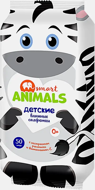 Салфетки влажные Smart Animals детские ромашка и витамин Е 50шт