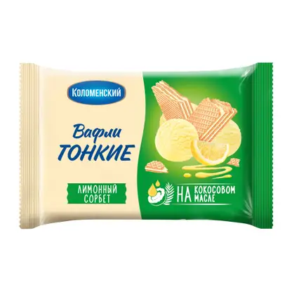 Изображение товара Вафли тонкие Лимонный сорбет Коломенский 100г Изображение товара Вафли тонкие Лимонный сорбет Коломенский 100г