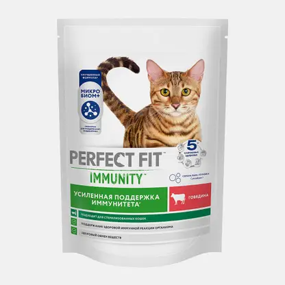 Сухой корм для взрослых кошек Immunity с говядиной семенами льна и голубикой Perfect Fit 580г
