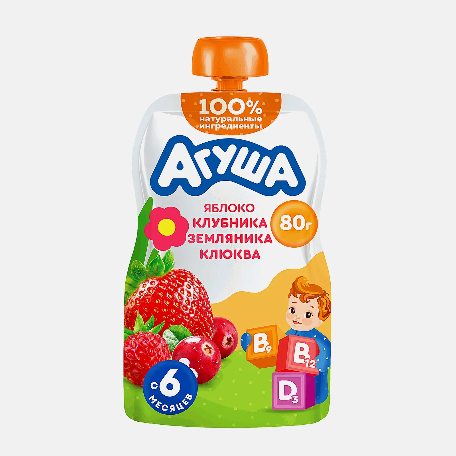 Изображение товара Пюре Агуша Укрепляй-ка яблоко-клубника-земляника-клюква 80г