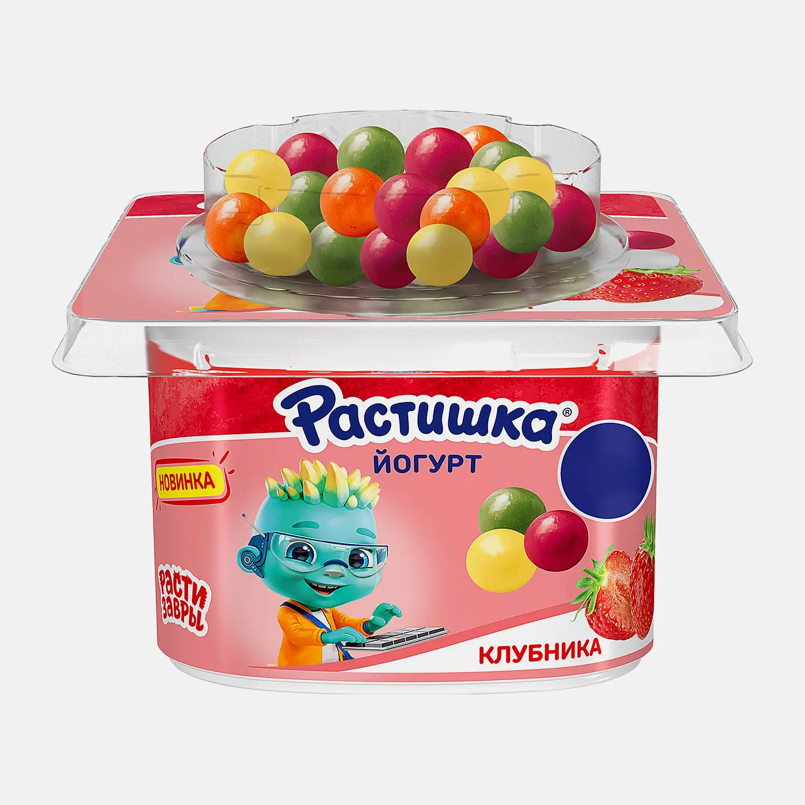 Изображение товара Йогурт с клубникой и злаковыми драже банан апельсин 116г Растишка