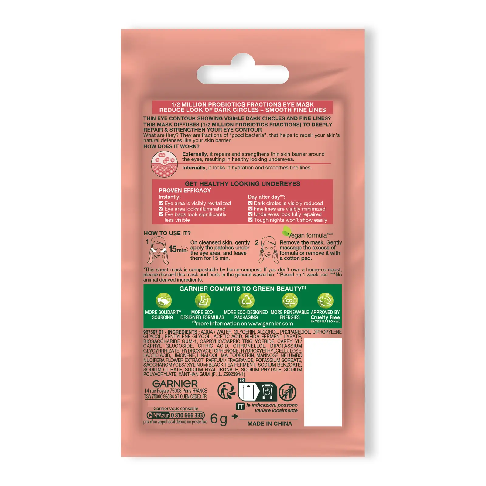 Патчи для глаз Garnier Skin Naturals тканевые восстанавливающие с пробиотиками 6г