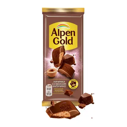 Изображение товара Молочный шоколад Alpen Gold с начинкой капучино 80г - насыщенный вкус и натуральные ингредиенты Изображение товара Молочный шоколад Alpen Gold с начинкой капучино 80г - насыщенный вкус и натуральные ингредиенты
