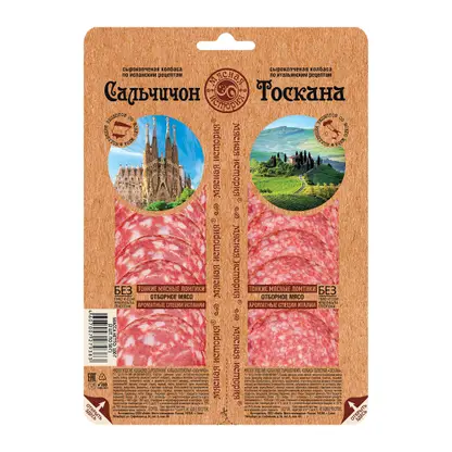 Изображение товара Колбаса Мясная история Ассорти Сальчичон Тоскана сырокопченая нарезка 100г