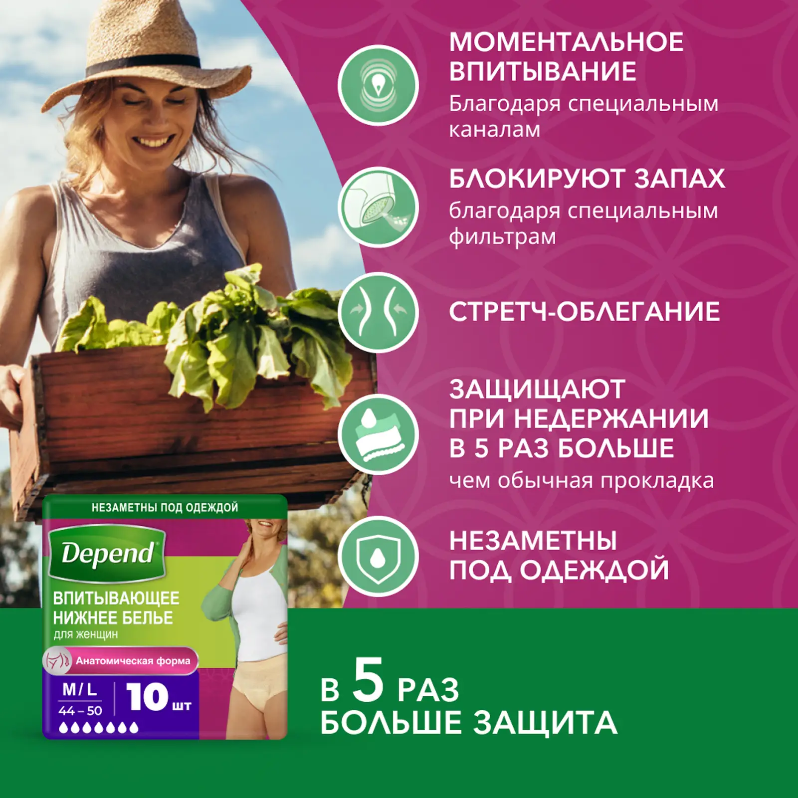 Впитывающее нижнее белье Depend для женщин M/L (44-50) 10шт в ассортименте