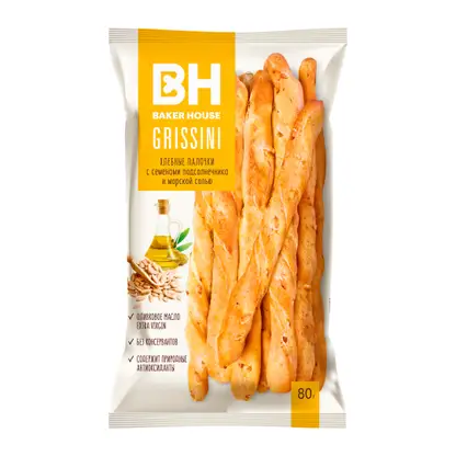 Изображение товара Хлебные палочки с семенами подсолнечника и морской солью Baker House Grissini 80г