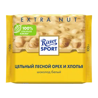 Изображение товара Шоколад Белый Цельный лесной орех и хлопья Ritter Sport 100г