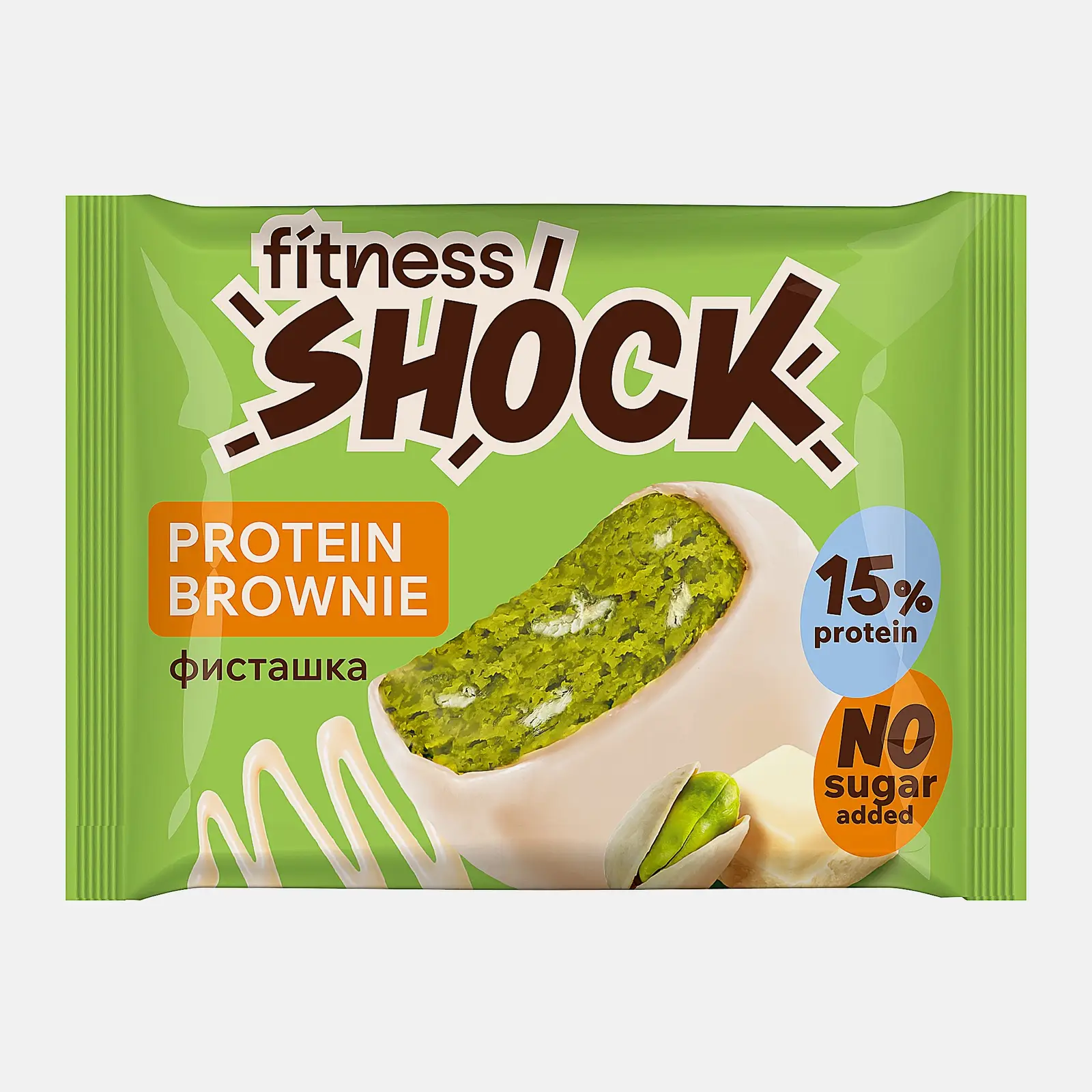 Изображение товара Протеиновое пирожное Fitness Shock Брауни белый шоколад с фисташкой 50 г