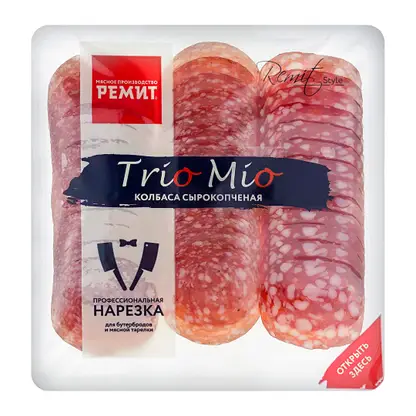 Изображение товара Колбаса Ремит Trio Mio Ассорти сырокопченая нарезка 100г