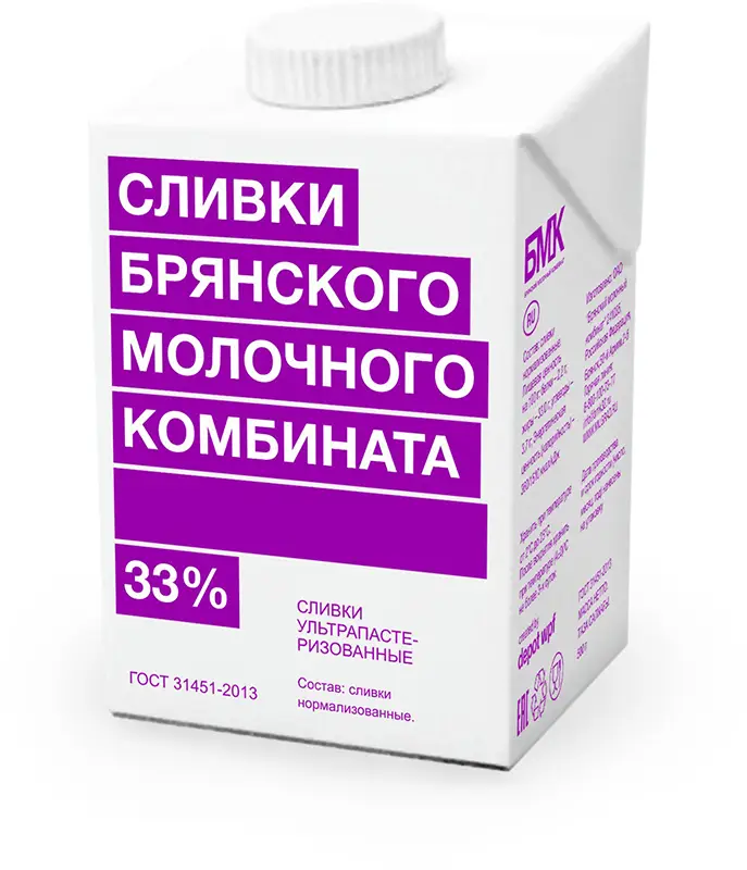 Изображение товара Ультрапастеризованные сливки Брянский Молочный Комбинат 33% 500мл