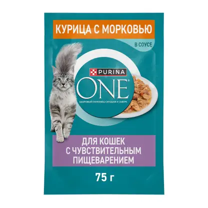 Изображение товара Влажный корм для кошек Purina ONE при чувствительном пищеварении с курицей в соусе 75г