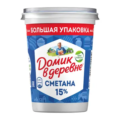 Изображение товара Сметана Домик в деревне 15% 450г - натуральный сливочный продукт для блюд