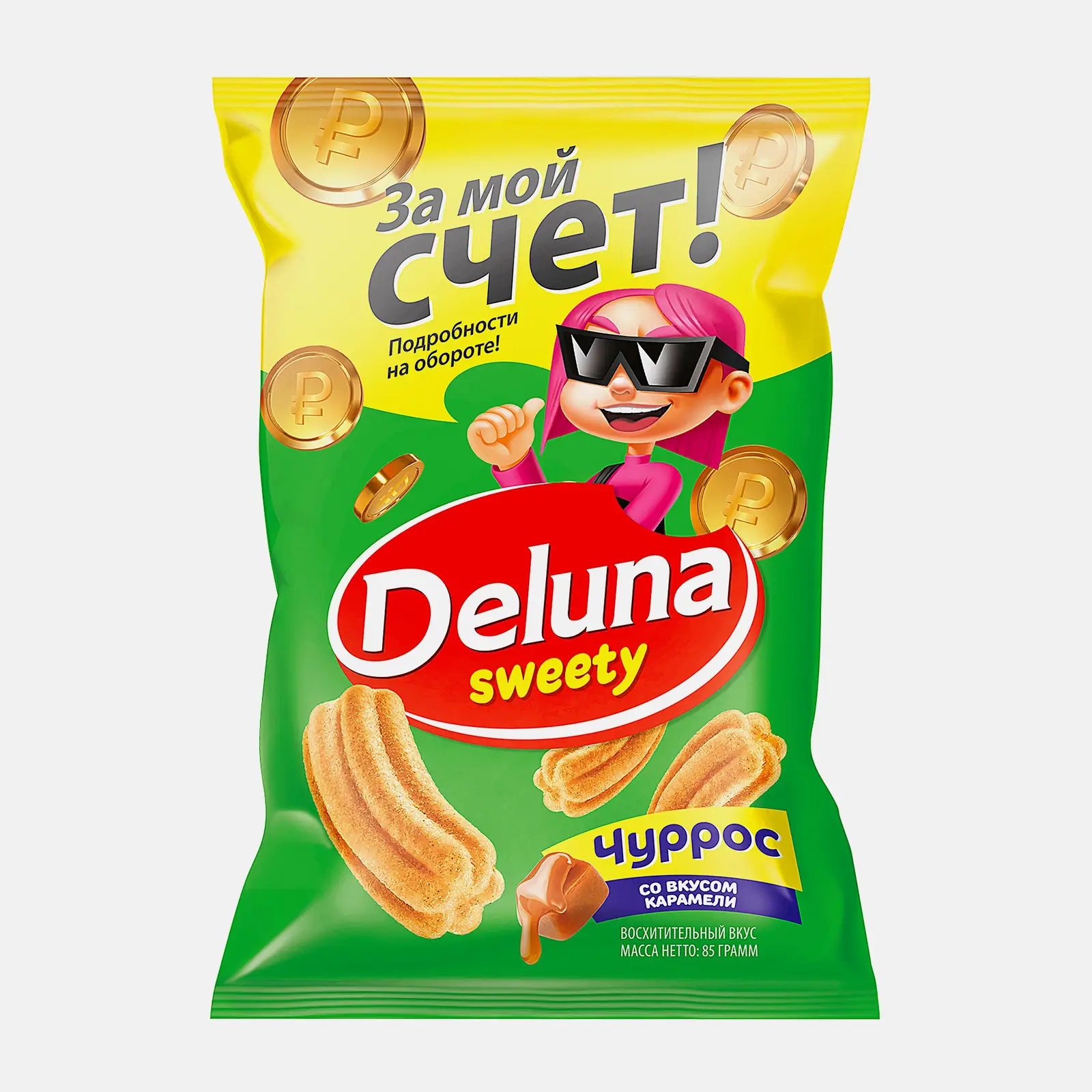 Изображение товара Кукурузные снеки Deluna Чуррос со вкусом карамели 85г