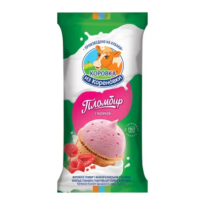 Изображение товара Мороженое Коровка из Кореновки пломбир со вкусом малины в вафельном стаканчике 100г