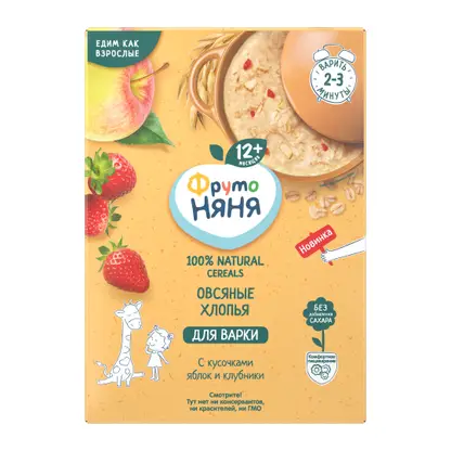 Изображение товара Каша Фрутоняня для варки безмолочная овсяная с кусочками яблок и клубники 200г