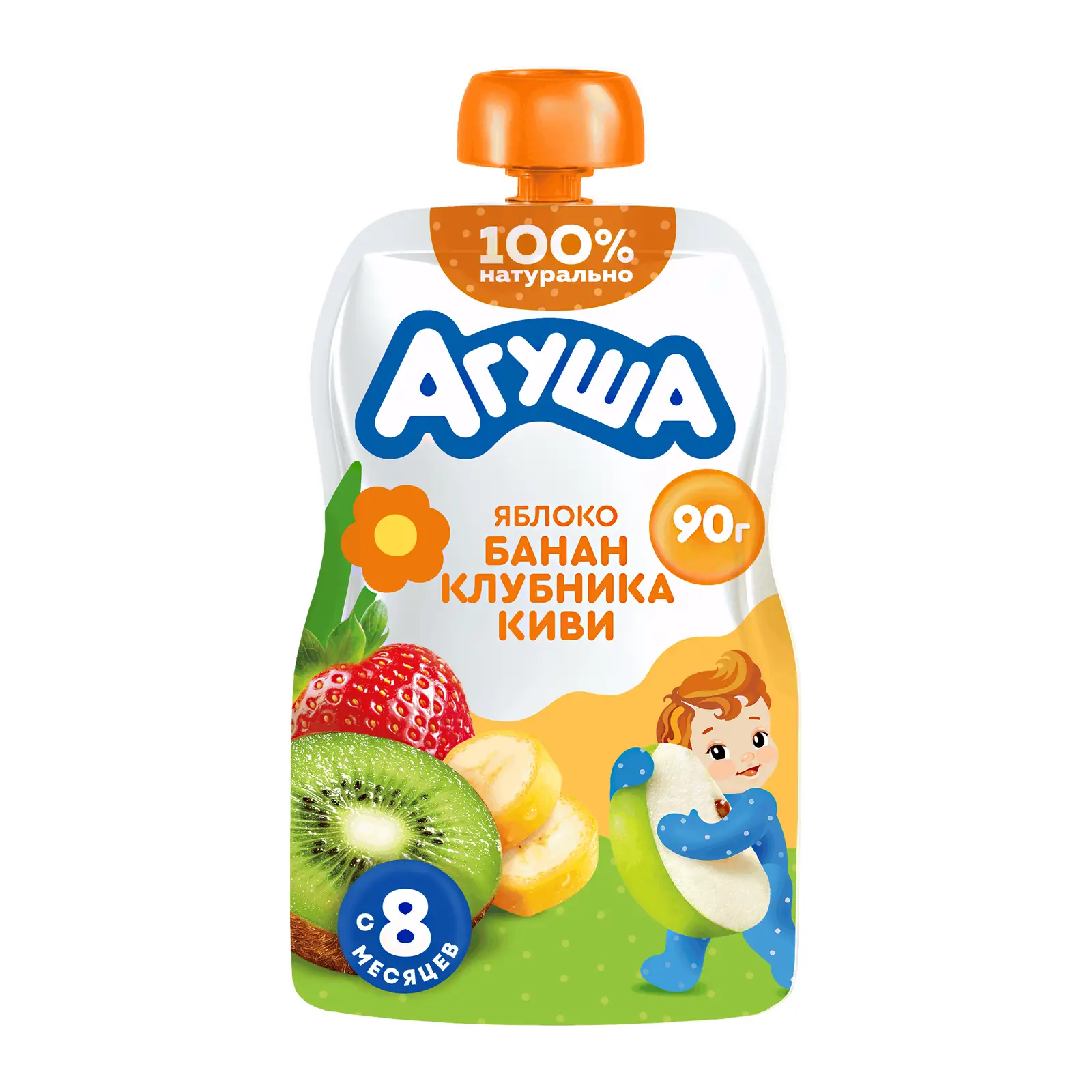 Изображение товара Пюре Агуша Яблоко банан клубника киви 90г натуральное для детей с 8 месяцев